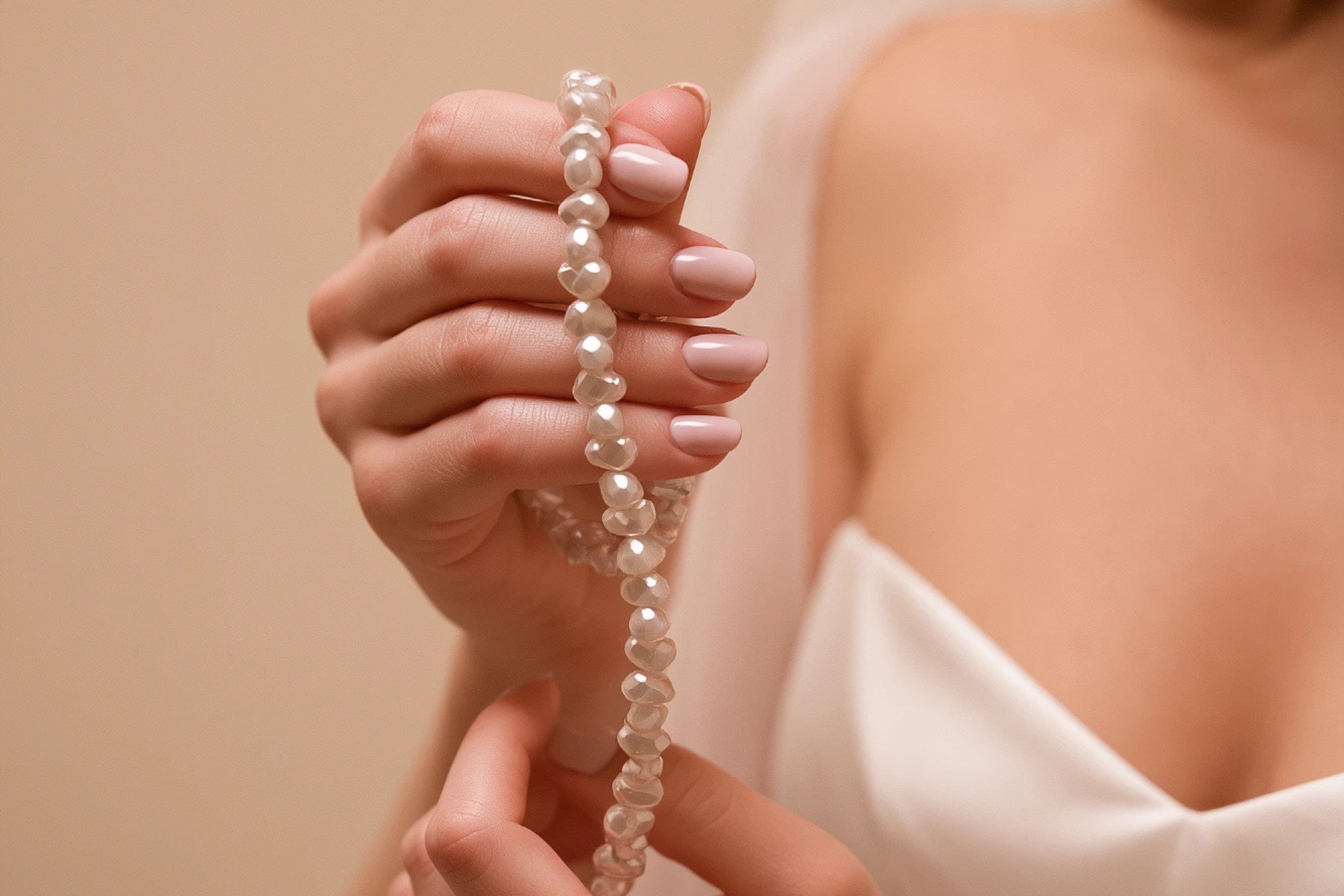 Bride with soft pink manicure holding a pearl necklace